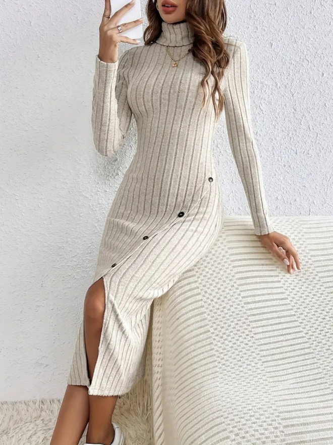 Janes Vestido De Camisola Chardon Feminino De Manga Comprida Com Fenda E Fenda — Bege Roupas por atacado 0