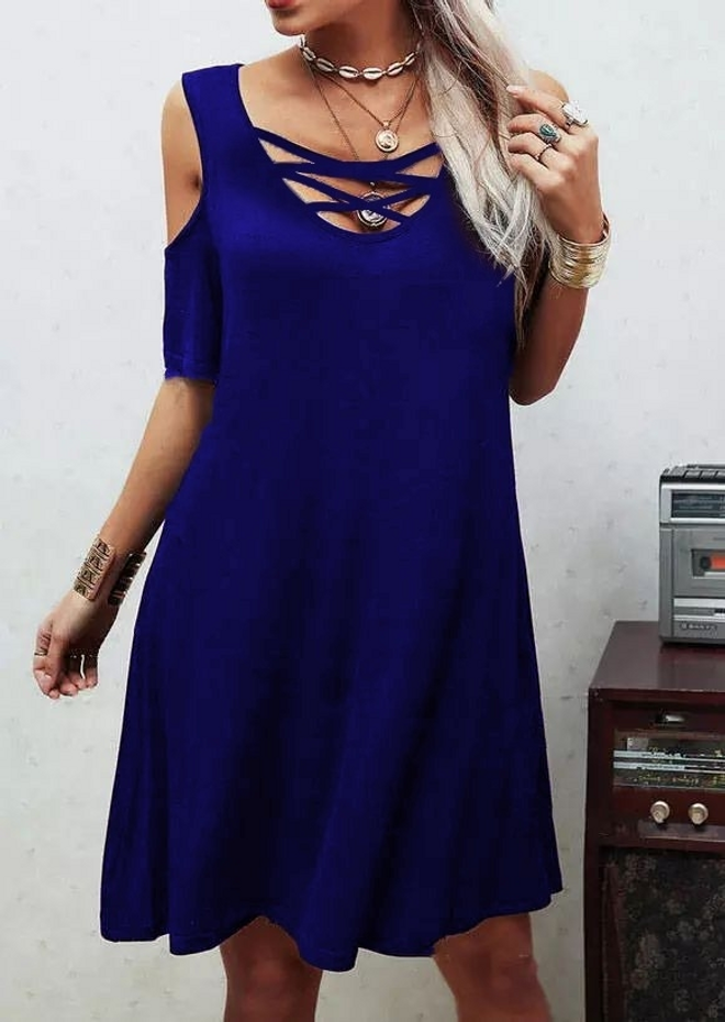 Janes Marineblauwe A lijn Jurk Met V hals En Halve Mouwen Groothandel Kleding Casual