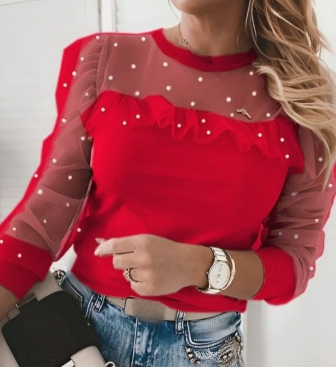 Janes Blusa Vermelha Slim Fit Com Mangas Puff Roupas por atacado Casual