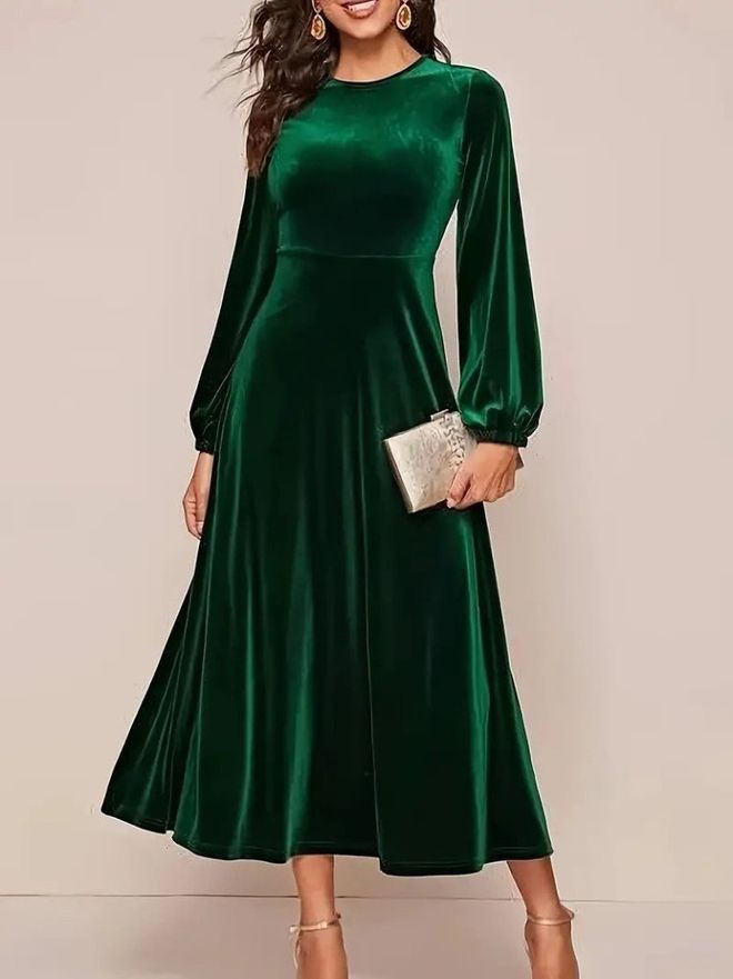 Janes Vestito Verde Elegante A Line Midi Con Maniche A Palloncino Abbigliamento all'ingrosso Modesto