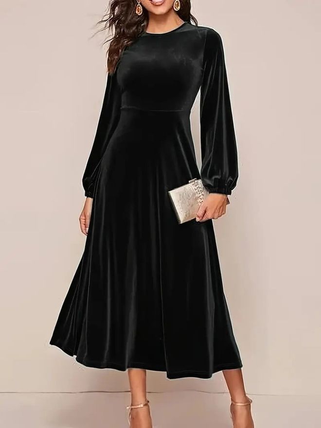 Janes Elegante Vestito Nero Fit And Flare Con Maniche A Palloncino Abbigliamento all'ingrosso Modesto