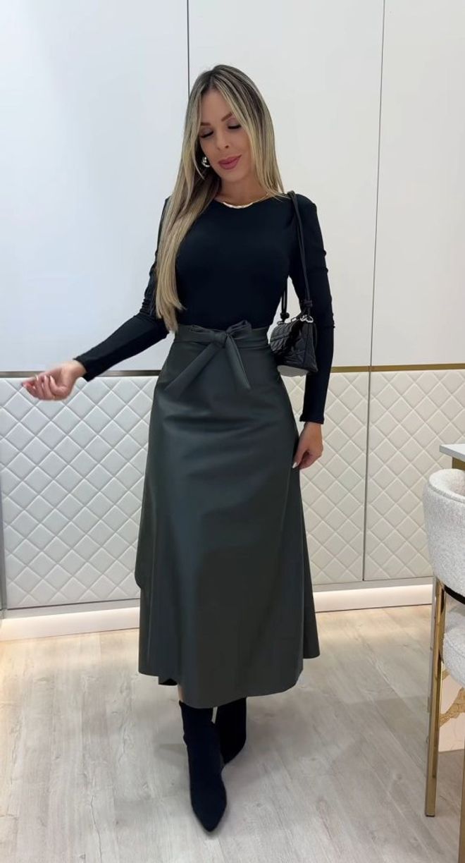 Janes Siyah Zarif Yüksek Bel Flared Midi Etek Toptan Giyim Tesettür