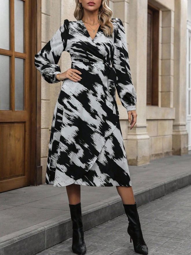 Janes Eleganten Črn Ovitek Obleko Z Škofovimi Rokavi Oblačila na debelo Ležerno