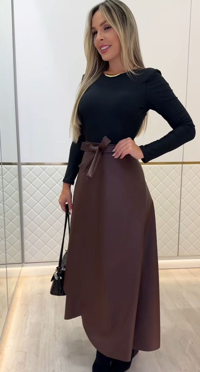Janes Kahverengi Zarif Yüksek Bel Maksi A Kesim Etek Toptan Giyim Tesettür
