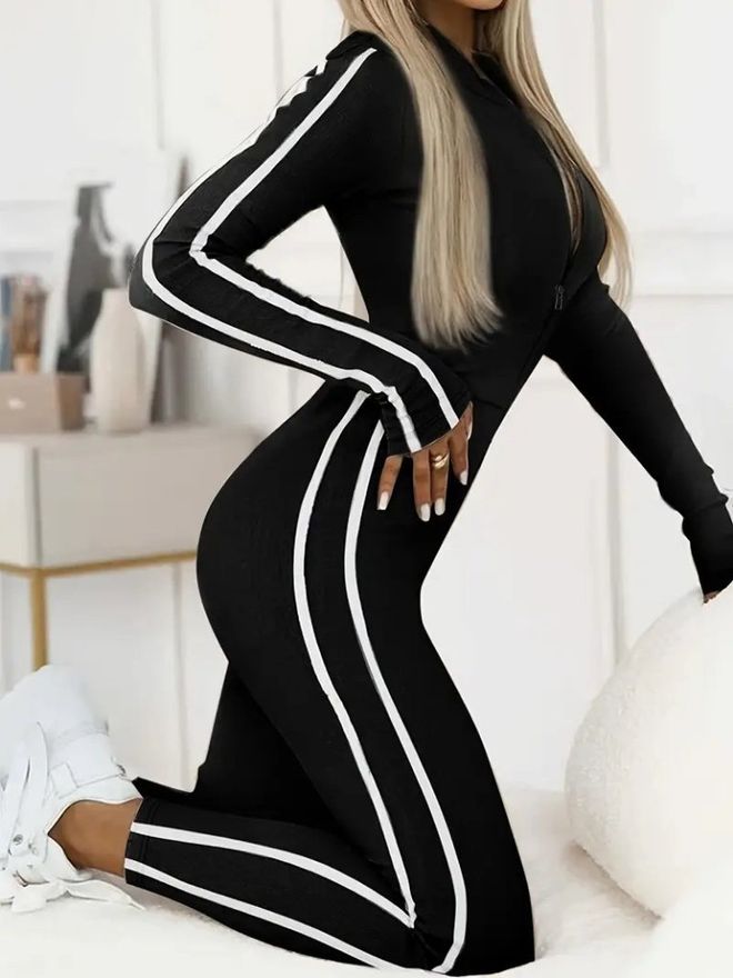 Janes Macacão Preto Slim Fit Esportivo Com Zíper Roupas por atacado 1