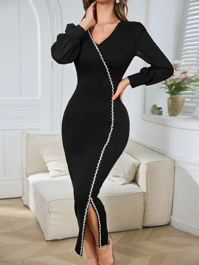 Janes Vestito Nero Elegante Bodycon Midi Con Maniche A Palloncino Abbigliamento all'ingrosso Sexy