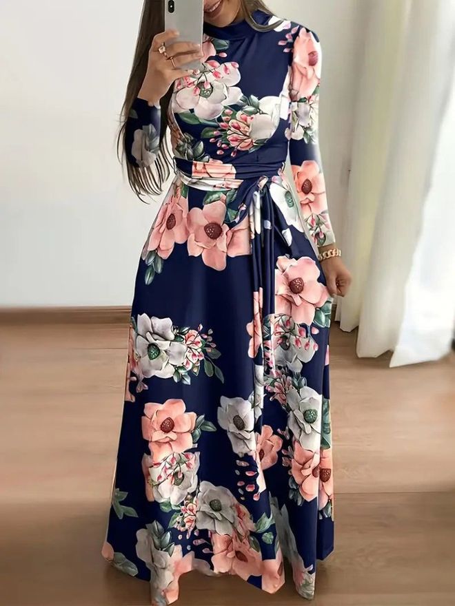 Janes Lacivert Fit & Flare Elbise Çiçekli Desenli Toptan Giyim Tesettür