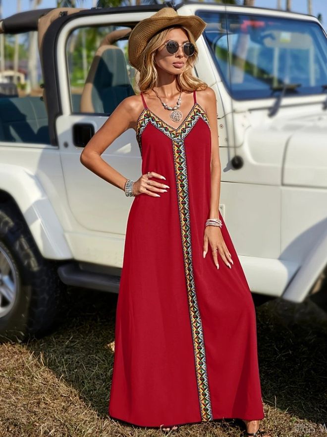 Janes Червена Макси Рокля Тип Комбинезон С V образно Деколте И Ръкави Тип Капаче Дрехи на едро Небрежен