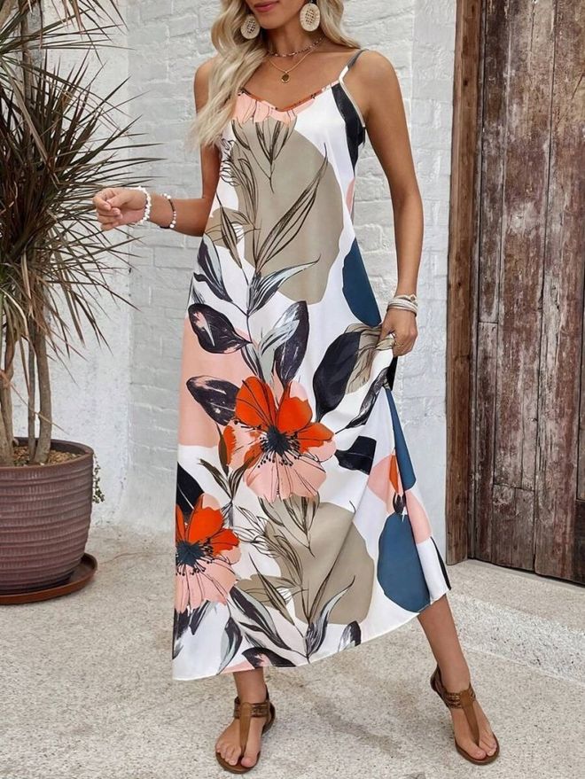 Janes Witte Bloemen Slipjurk Met V hals Groothandel Kleding Casual