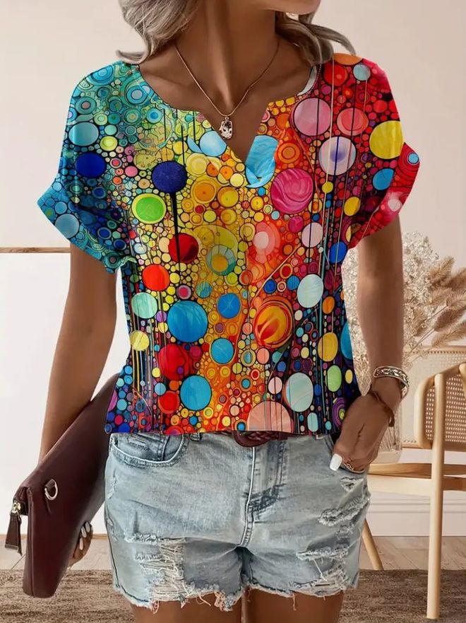 Janes Bluza Raznobojna S Zarezanim Izrezom I Kratkim Rukavima Veleprodaja odjeće Ležerni