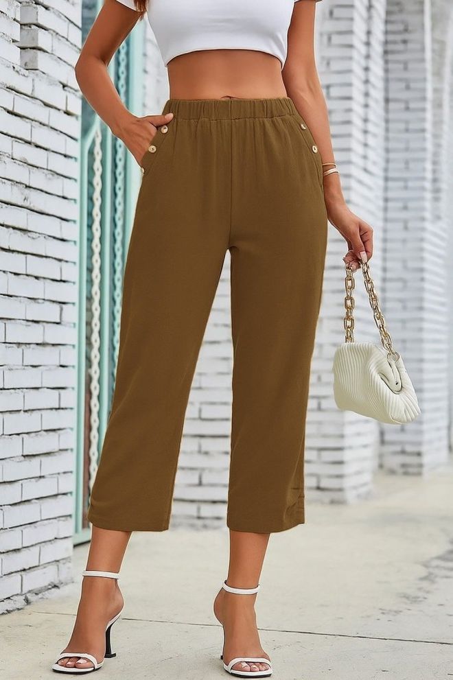 Janes Brown Palazzo Cropped Pants Mid Waist Wholesale Clothing Casual