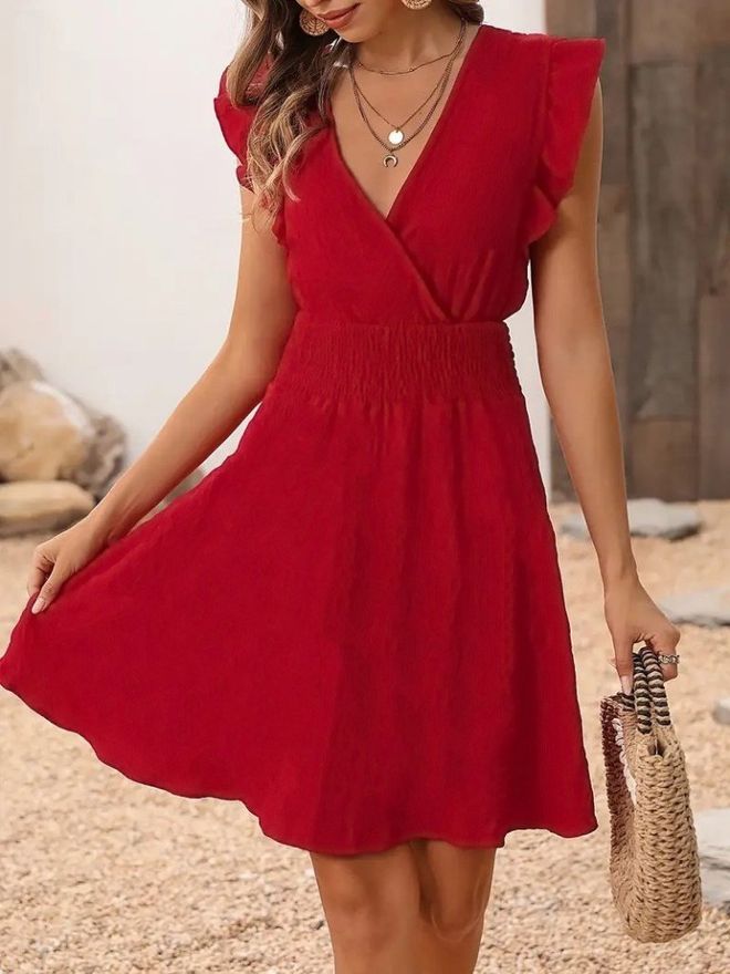 Janes Red Wrap Dress With Ruffle Sleeves Wholesale Clothing Casual