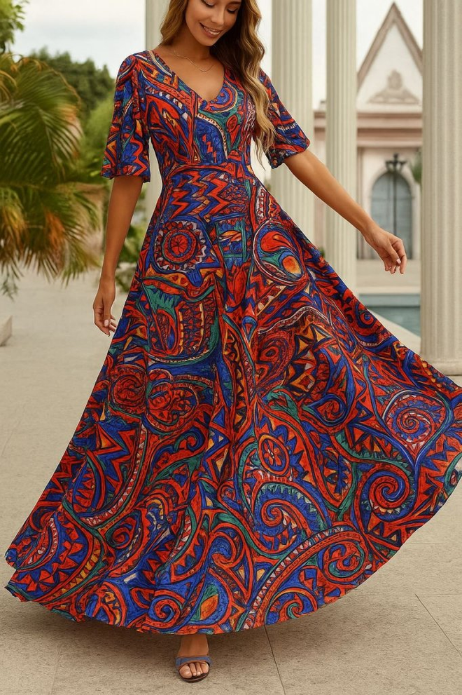 Janes Плава Хаљина А линије Са Паислеи Узорком В изрезом И Полурукавима Са Равним Рукавима Дужине До Пода Велепродаја одеће Неформалан