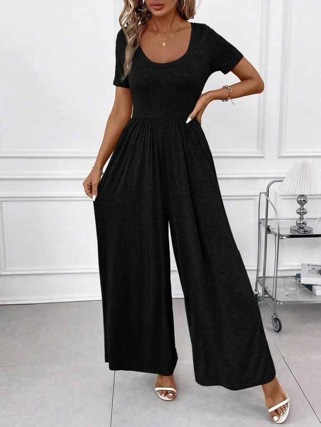 Janes Black Cami Jumpsuit Casual Elegant Short Sleeve Wholesale Clothing Casual