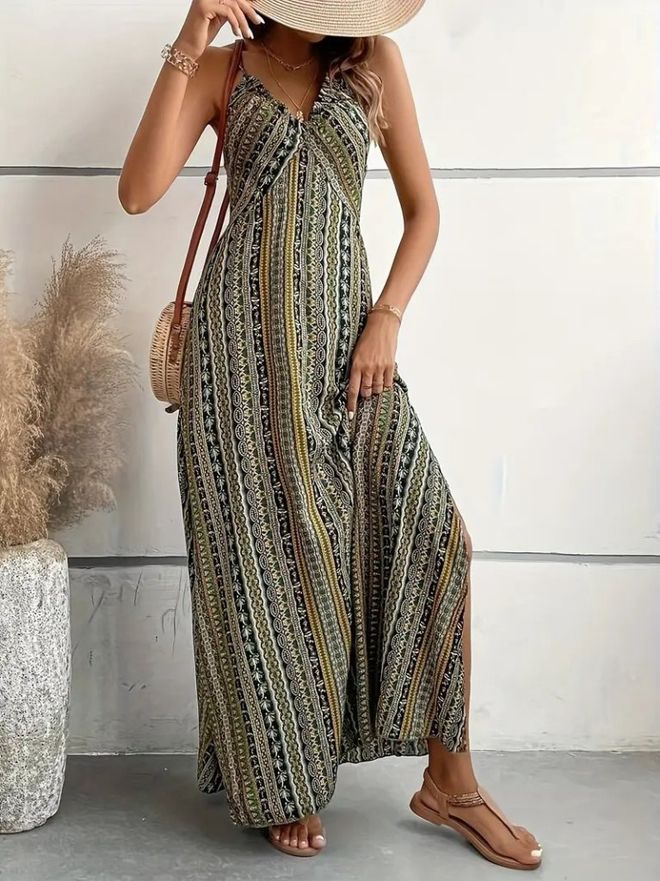 Janes Khaki Boho V Neck Maxi Slip Dress Wholesale Clothing Casual
