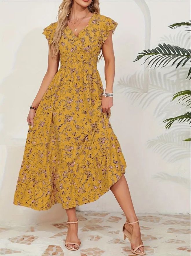 Janes Sarı Fit & Flare Çiçekli Fırfırlı Kollu Elbise Toptan Giyim Gündelik