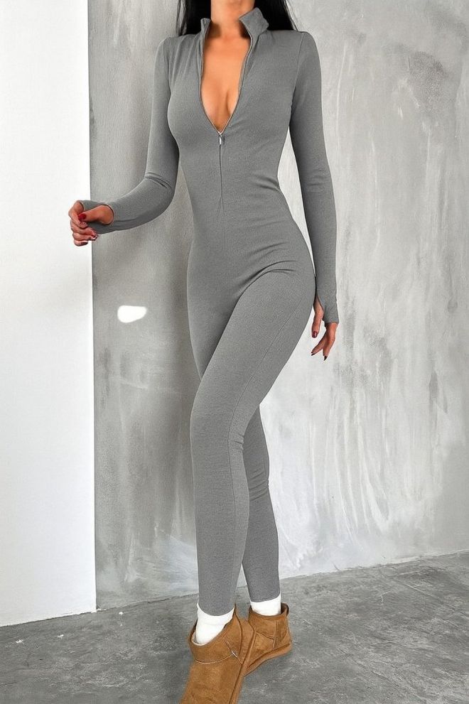 Janes Grau Sexy Slim Fit Unitard Jumpsuit Großhandelskleidung Lässig