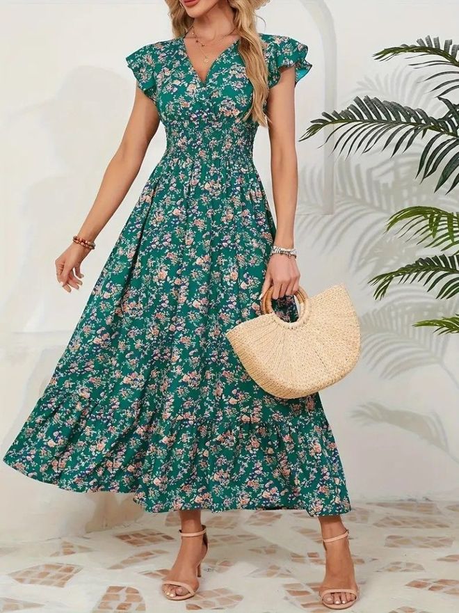 Janes Vestido Midi Verde Con Ajuste Y Vuelo Con Mangas De Volantes Tipo Casquillo Ropa al por mayor Modesto