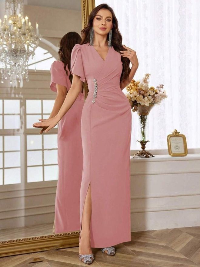 Janes Elegantna Ružičasta Etuik Haljina S Volanim Polurukavima Veleprodaja odjeće Vintage