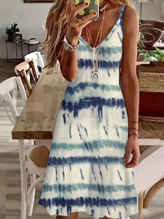 Janes Vestito Slip Blu Tie Dye Con Scollo A V E Lunghezza Al Ginocchio Abbigliamento all'ingrosso Casuale