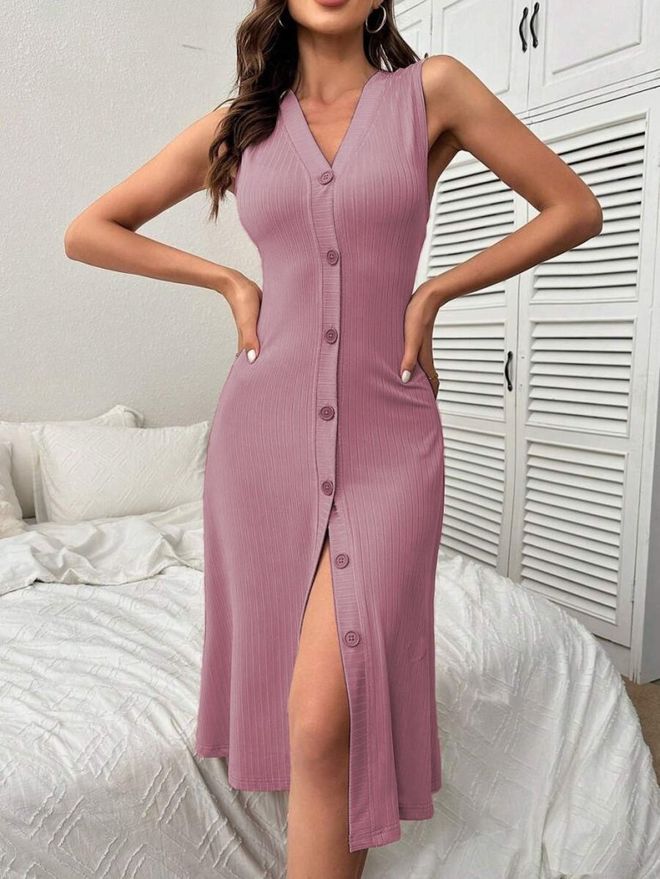 Janes فستان لون القرنفل طَوّق بمخطط برقبة على شكل حرف V وميدي ملابس بالجملة غير رسمي