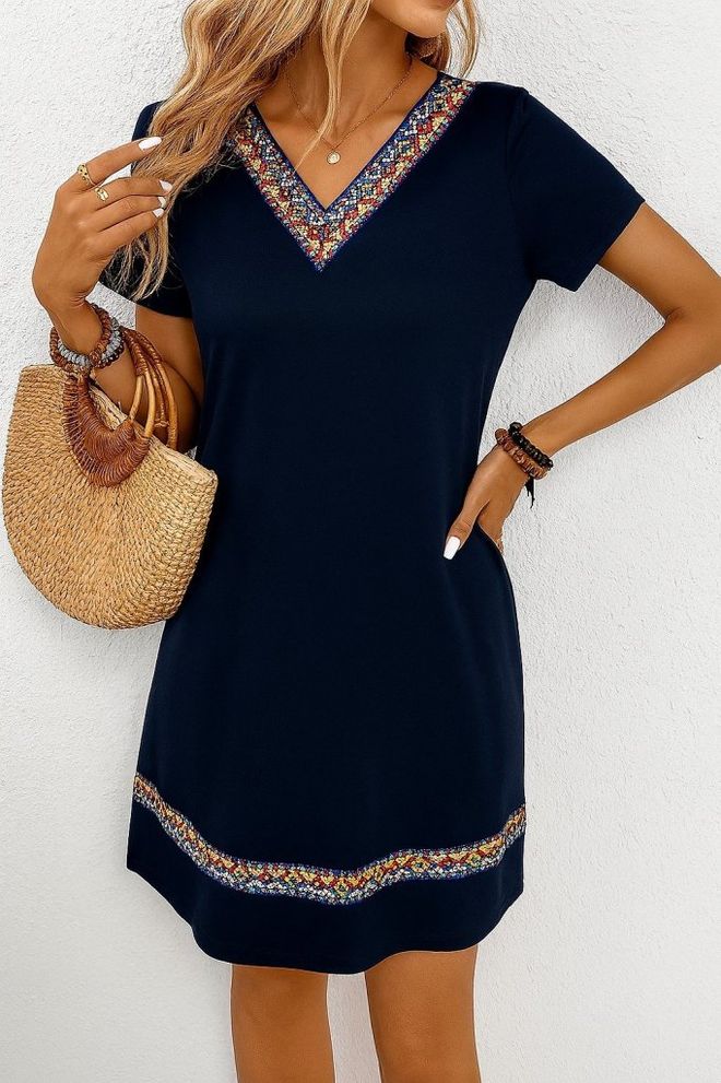 Janes فستان أزرق داكن كاجوال عرقي بقصة مستقيمة و عنق على شكل V ملابس بالجملة غير رسمي