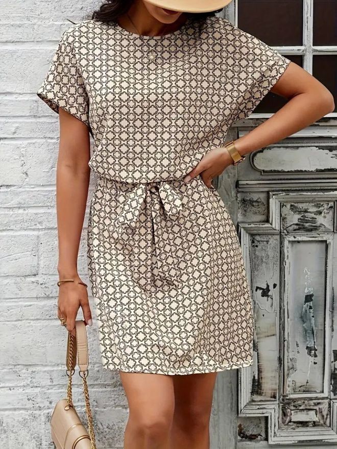 Janes Beige Shift Dress With Geometric Pattern Wholesale Clothing Lounge