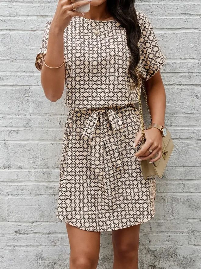 Janes Beige Shift Dress With Geometric Pattern Wholesale Clothing Casual