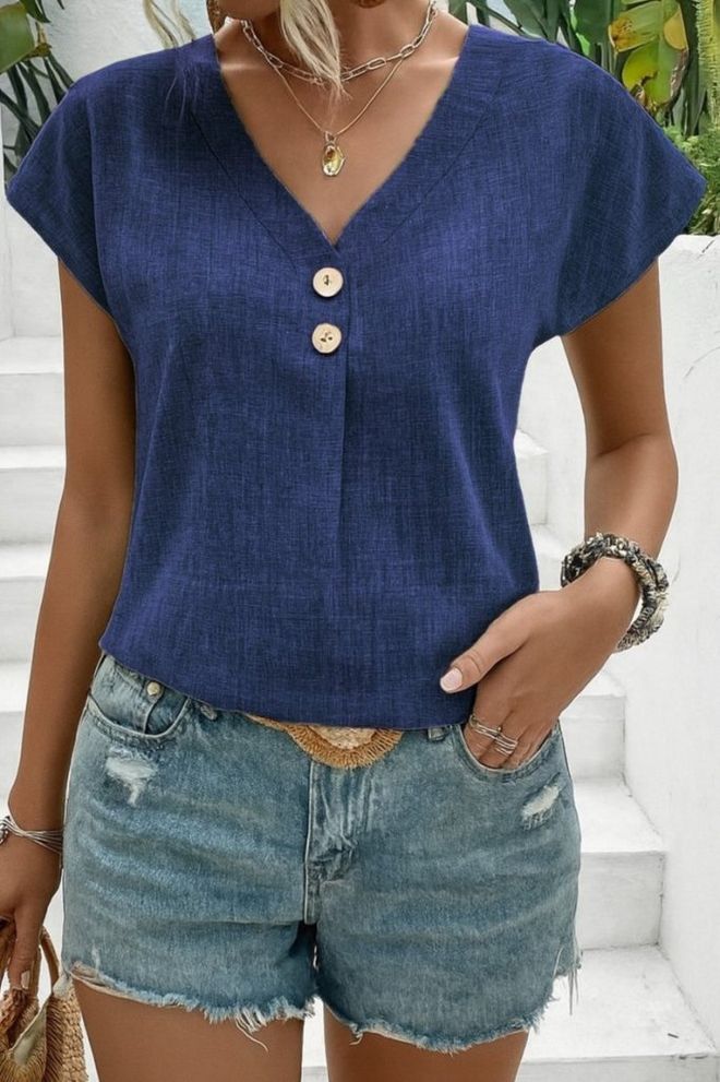 Janes Μπλούζα Μπλε Μαρέν Casual Boho Με V Neck Χονδρικό εμπόριο ενδυμάτων Casual