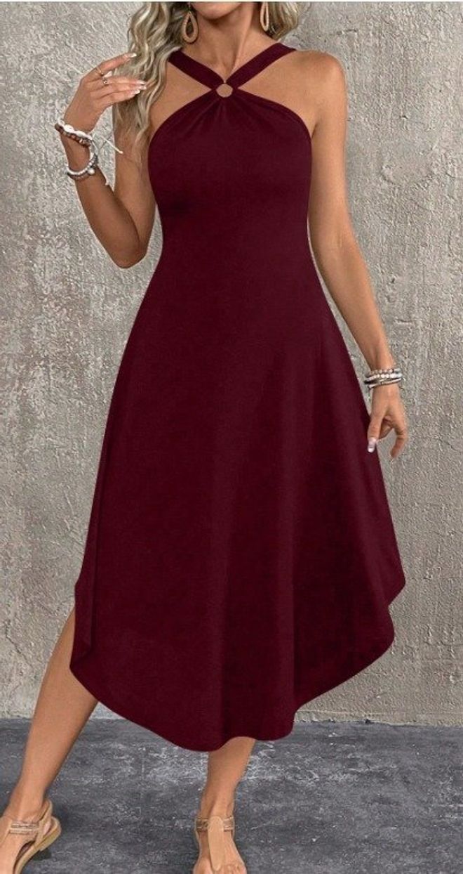 Janes Bordeauxrood A lijn Jurk Met Halter Hals Groothandel Kleding Casual