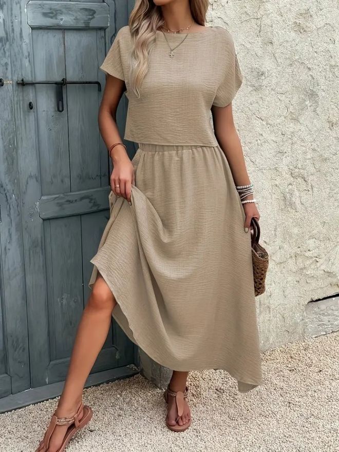 Janes Conjunto Beige Casual Boho Con Falda Acampanada Maxi Ropa al por mayor Modesto
