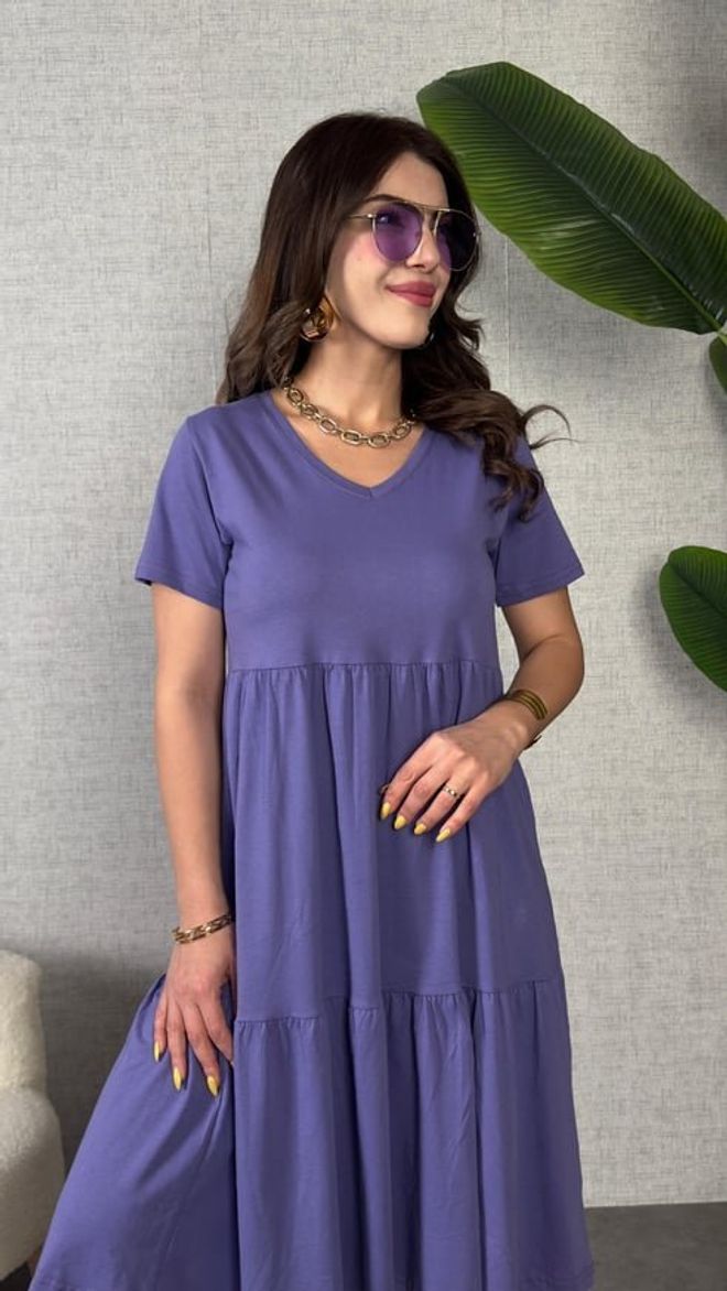 Janes Vestito Babydoll Viola Con Scollo A V E Maniche Corte Abbigliamento all'ingrosso Modesto