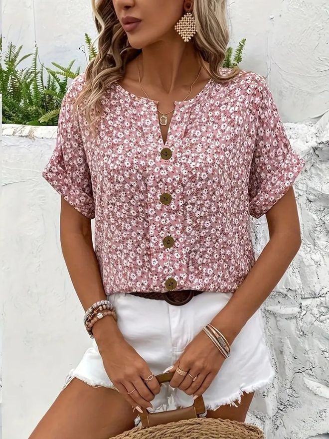 Janes Pink Floral Casual Boho Blouse Wholesale Clothing Casual