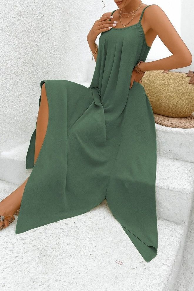 Janes Groene Maxi Slipjurk Met Vierkante Hals En Kapmouwen Groothandel Kleding Casual