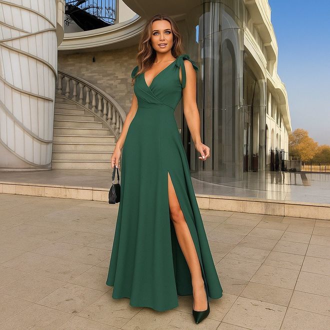 Janes Elegante Vestido Verde Envolvente Maxi Con Mangas Casquillo Ropa al por mayor Sexy