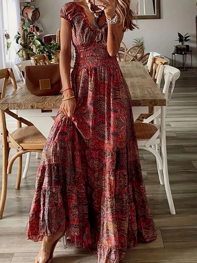 Janes Rotes Boho Fit And Flare Kleid Großhandelskleidung Lässig