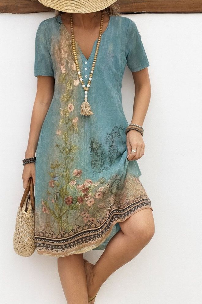 Janes Robe Bleu Ligne A Avec Col En V Et Manches Courtes Vêtements en gros Modeste