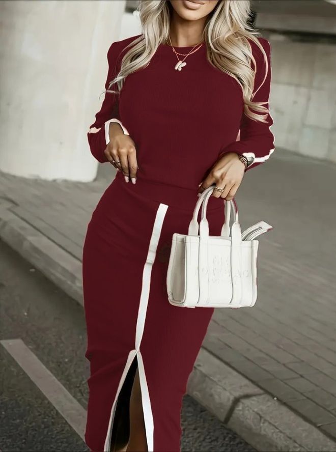 Janes Tamsiai Raudonas Elegantiškas Pieštuko Sijonas Rinkinys Didmeninė prekyba drabužiais Vintažinis