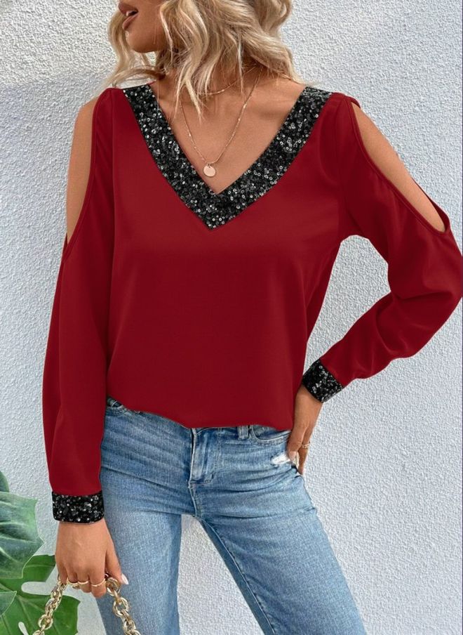 Janes Blusa Roja Con Lentejuelas Cuello En V Y Mangas Largas Partidas Ropa al por mayor Casual