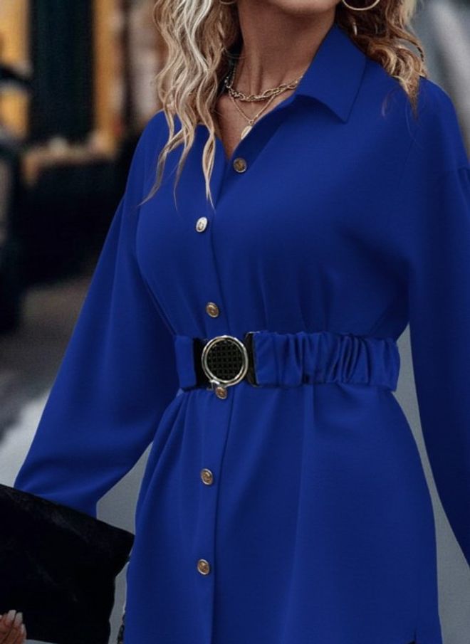 Janes Blusa Azul Con Cuello Chal Manga Larga Recta Y Ajuste Regular Ropa al por mayor Modesto