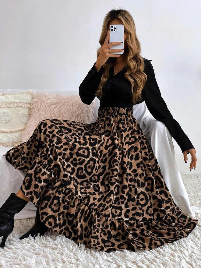 Janes Rochie Shift Neagră Cu Imprimeu Leopard Și Decolteu Crestat Îmbrăcăminte cu ridicata Casual