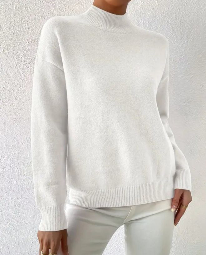Janes White Sweater Casual Elegant Preppy High Neck Long Sleeve Wholesale Clothing Casual