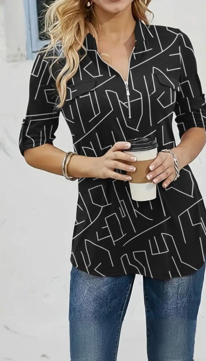 Janes Blusa Negra Geométrica Con Manga 3/4 Ropa al por mayor Casual