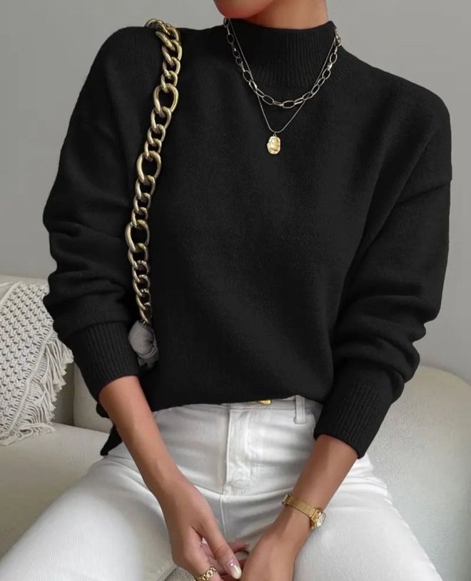 Janes Camisola Preta Com Decote Alto E Mangas Compridas Roupas por atacado 1