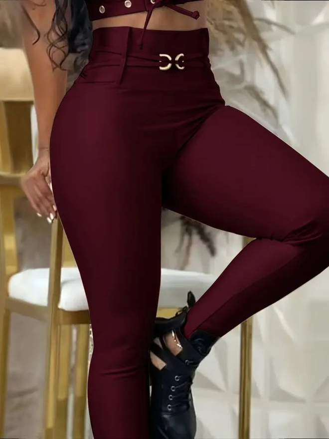 Janes Calças Vermelho Clarete Cintura Alta Afuniladas Roupas por atacado Casual