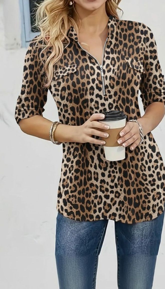 Janes Blusa Casual Marrom Com Estampa Animal E Mangas 3/4 Roupas por atacado Casual