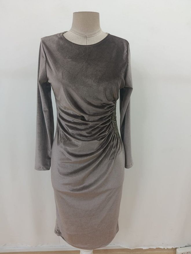 Janes Zarif Gri Fit & Düz Elbise 3/4 Kollu Toptan Giyim Bahar