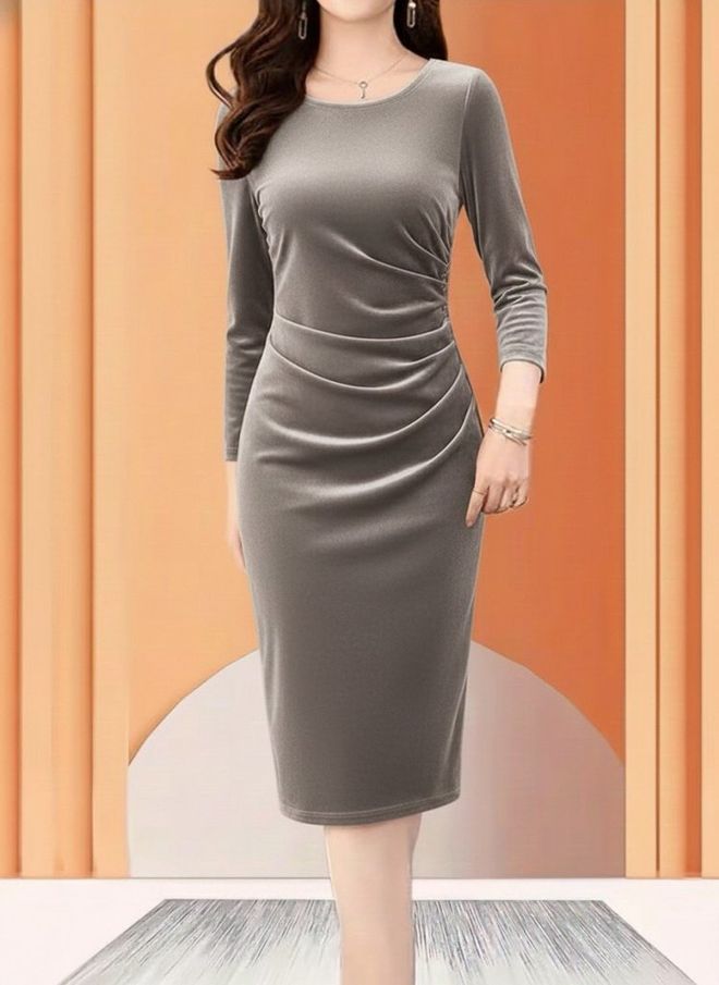 Janes Zarif Gri Fit & Düz Elbise 3/4 Kollu Toptan Giyim İş