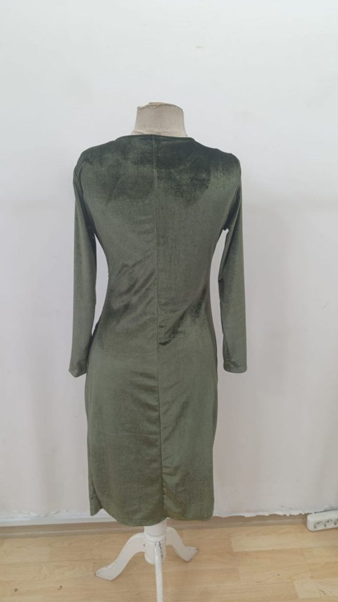 Janes Şık Yeşil Kalem Elbise 3/4 Kol Detaylı Toptan Giyim Zarif