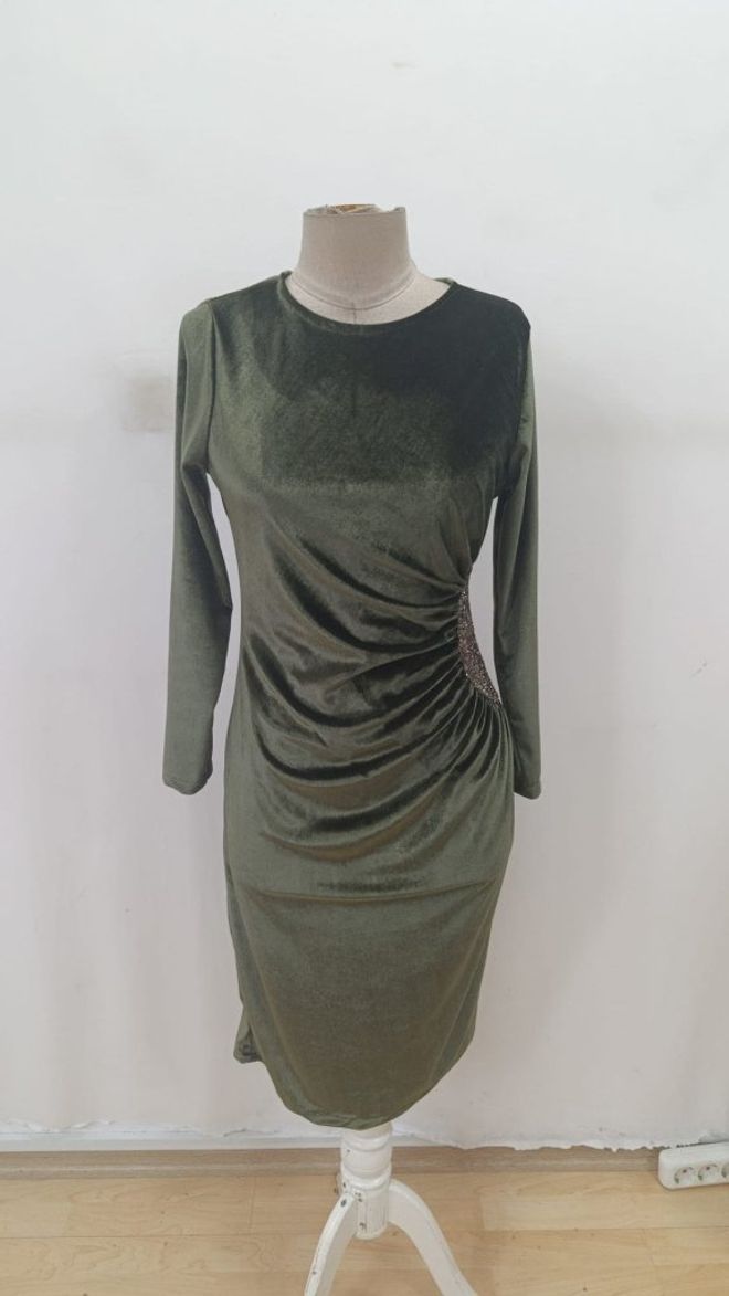 Janes Şık Yeşil Kalem Elbise 3/4 Kol Detaylı Toptan Giyim Bahar